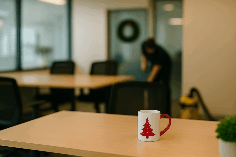 A clean office with empty desks and chairs, featuring a spotless wooden workspace with a holiday mug in the foreground and a simple wreath on the door in the blurred background.