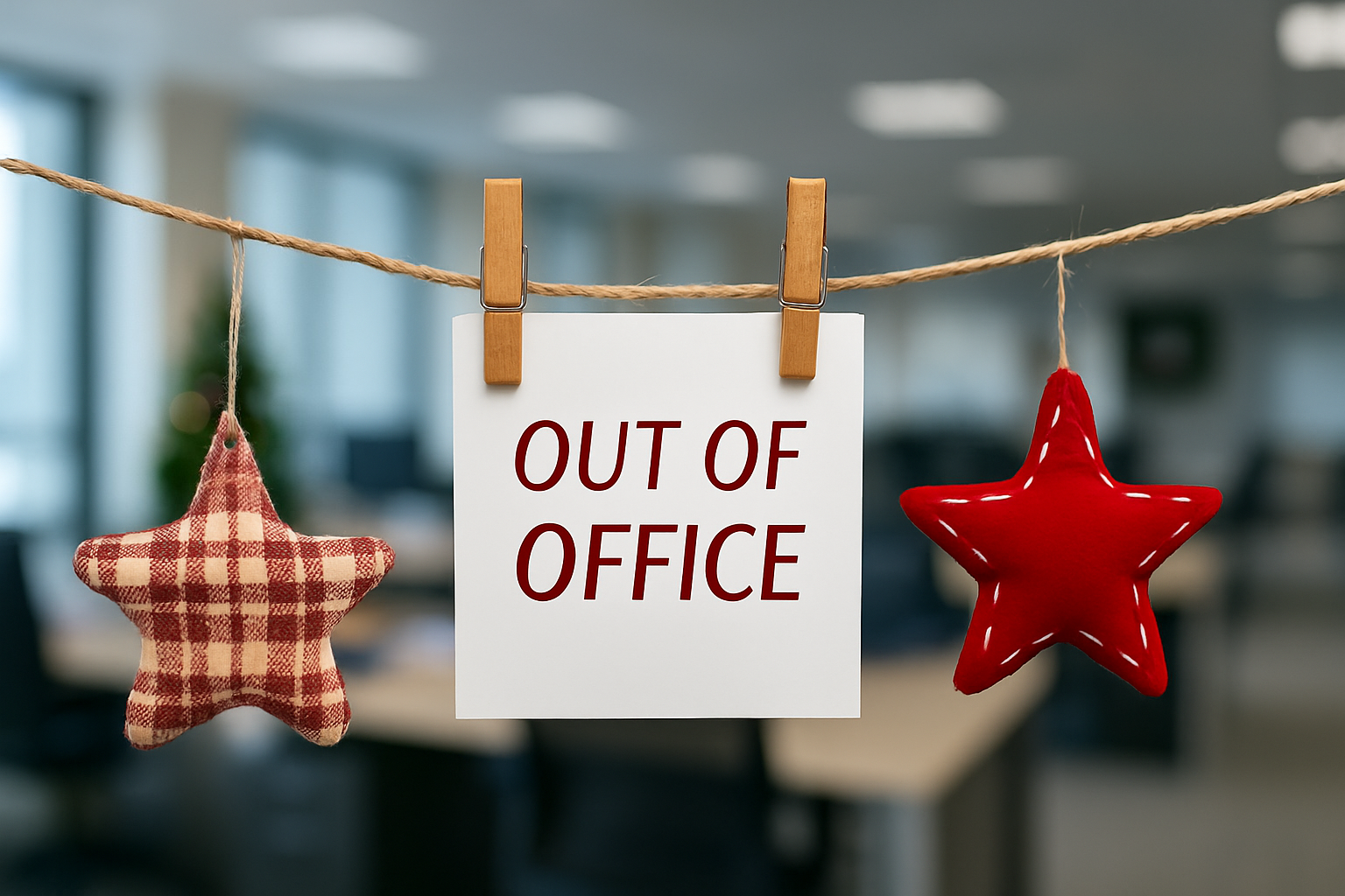 Holiday “Out of Office” sign hanging with festive decorations in front of a blurred office background, symbolizing quiet holiday hours that make it easier to start a clean office routine.