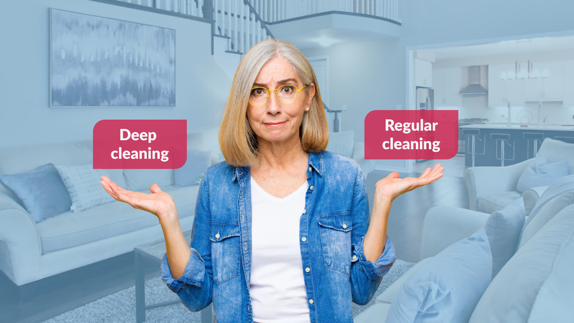 Regular house cleaning vs deep cleaning comparison showing a homeowner weighing routine cleaning against deep cleaning services in a bright living room.