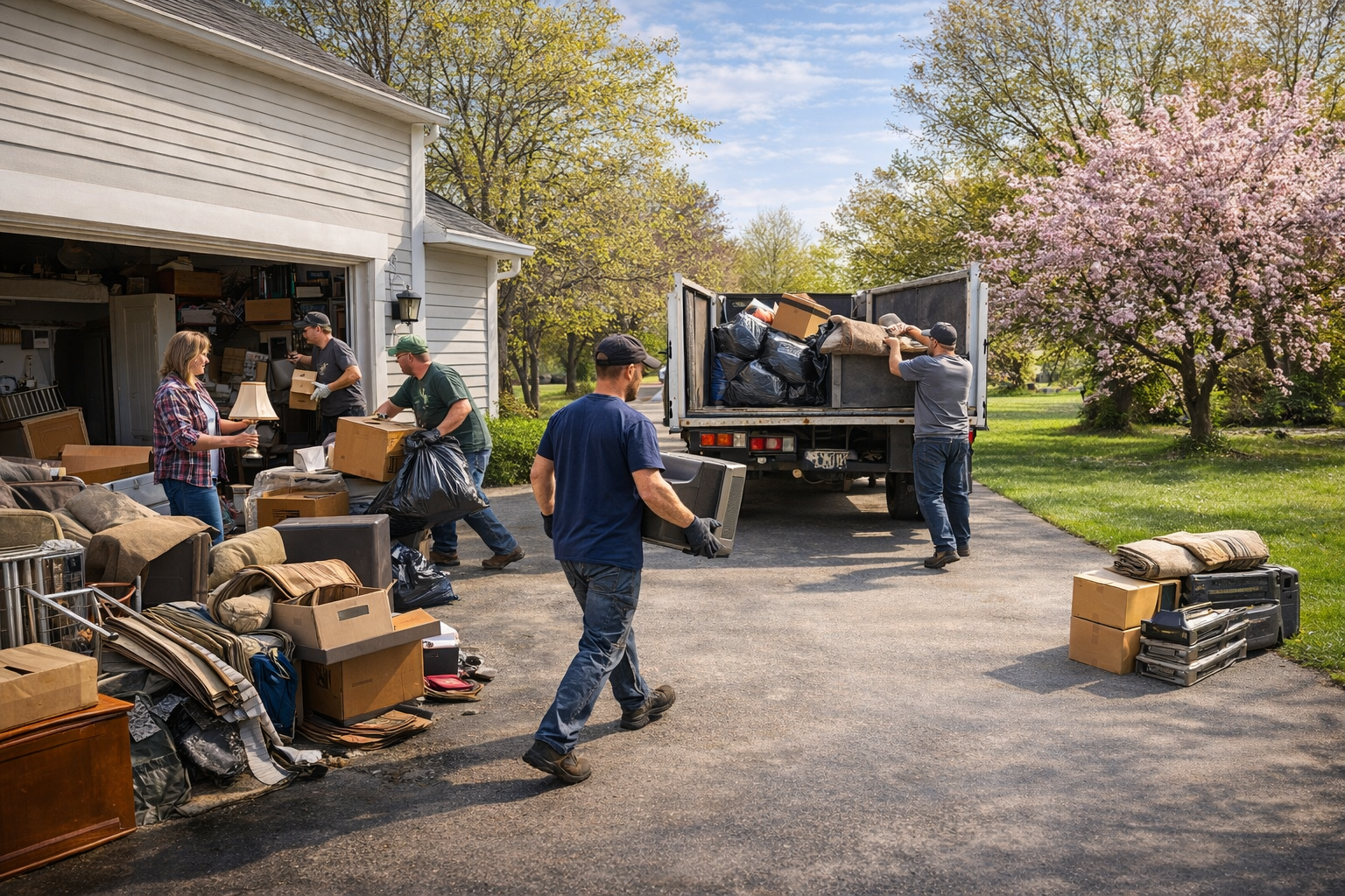 Junk removal team clearing clutter from a residential garage and driveway in spring, loading boxes, furniture, and household items into a truck in Fredericksburg, VA.