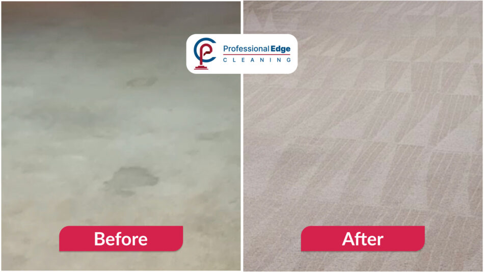 Before and after professional carpet cleaning showing stained carpet restored with deep extraction cleaning by Professional Edge Cleaning.